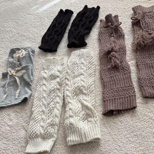Altar’d State Cozy Knit Lace Leg Warmers Set- cream, grey, black, and taupe.